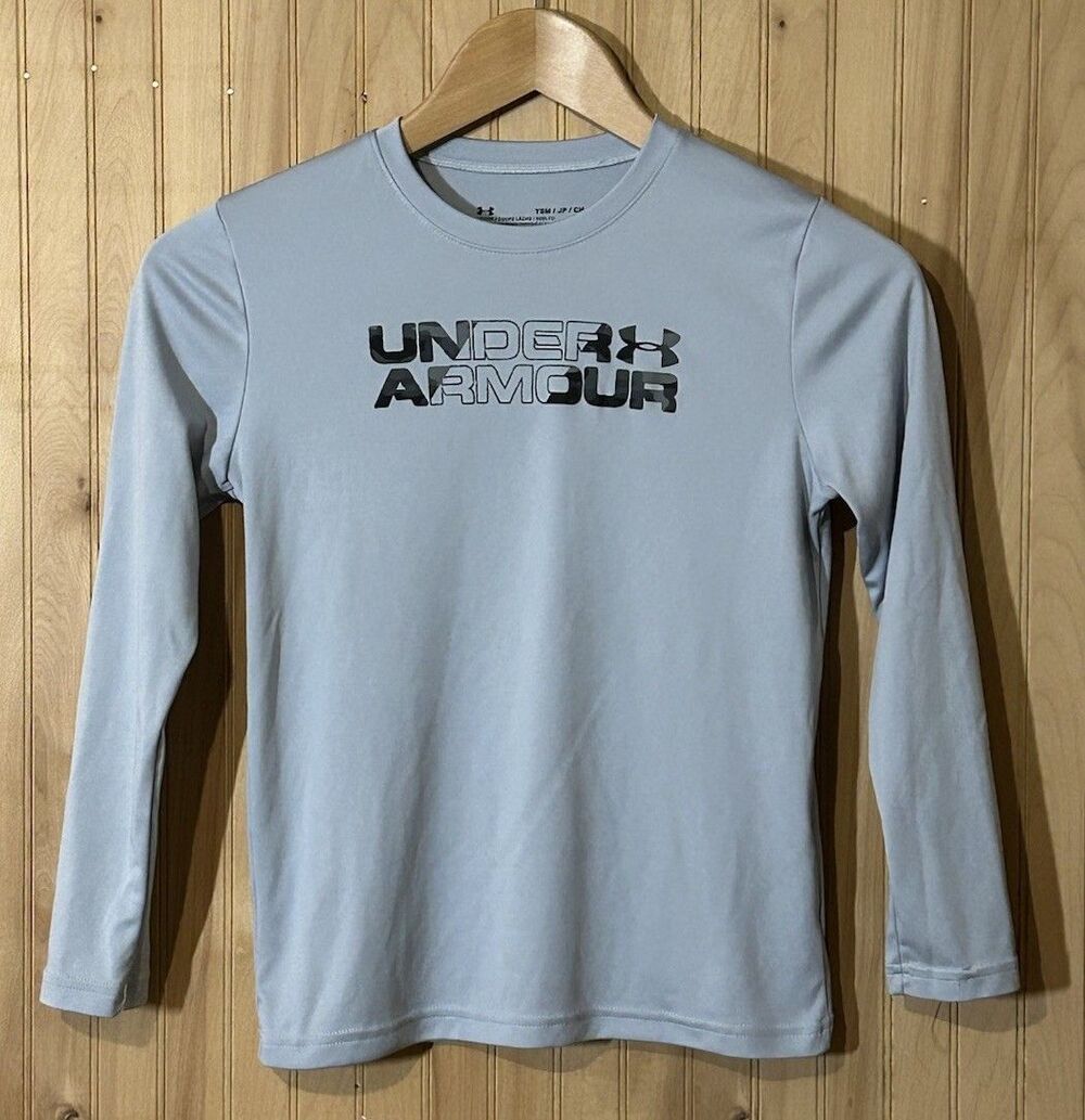 Under Armour Shirt Youth Large Gray Loose Heat Gear Long Sleeve Logo